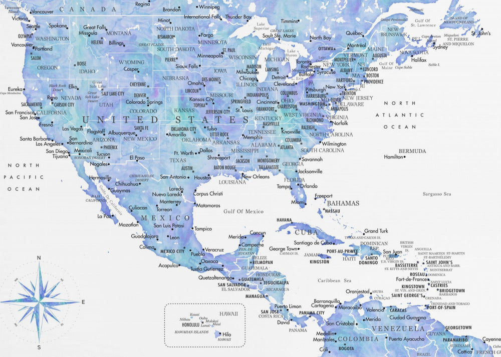 Blue map of USA and the Caribbean sea