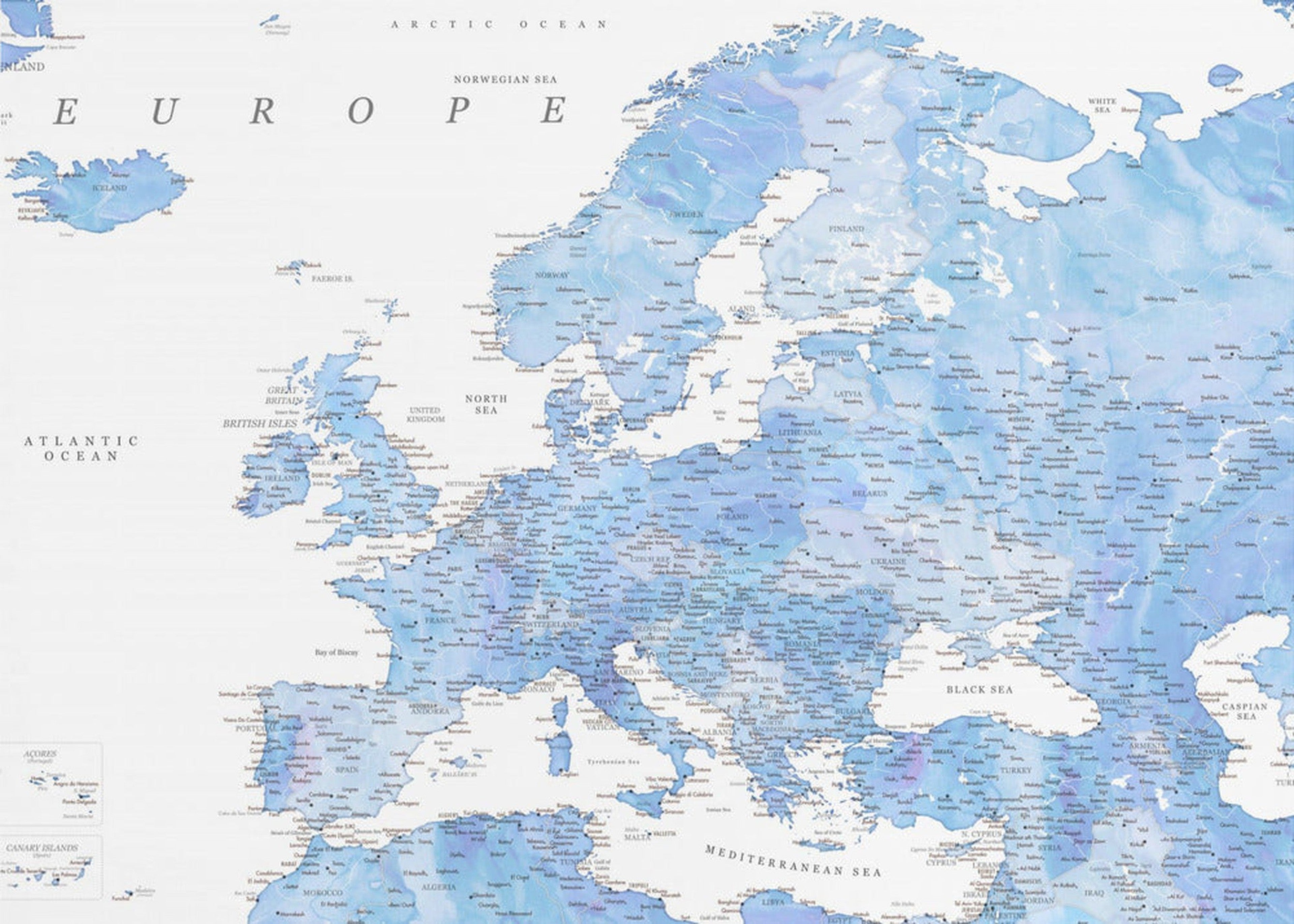 Light blue watercolor detailed map of Europe