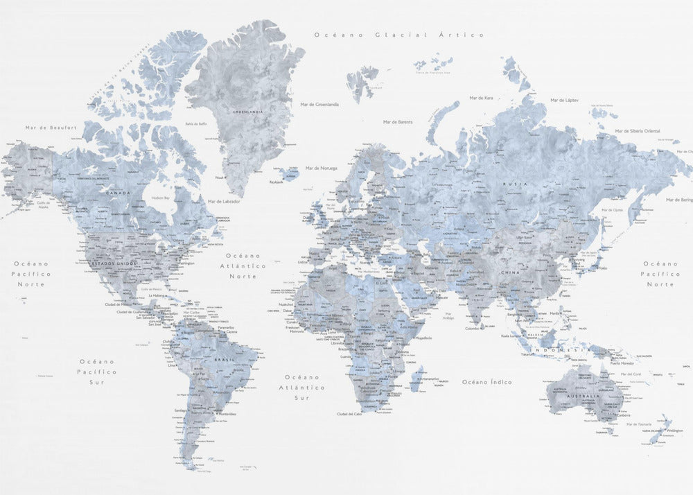 Blue world map in Spanish