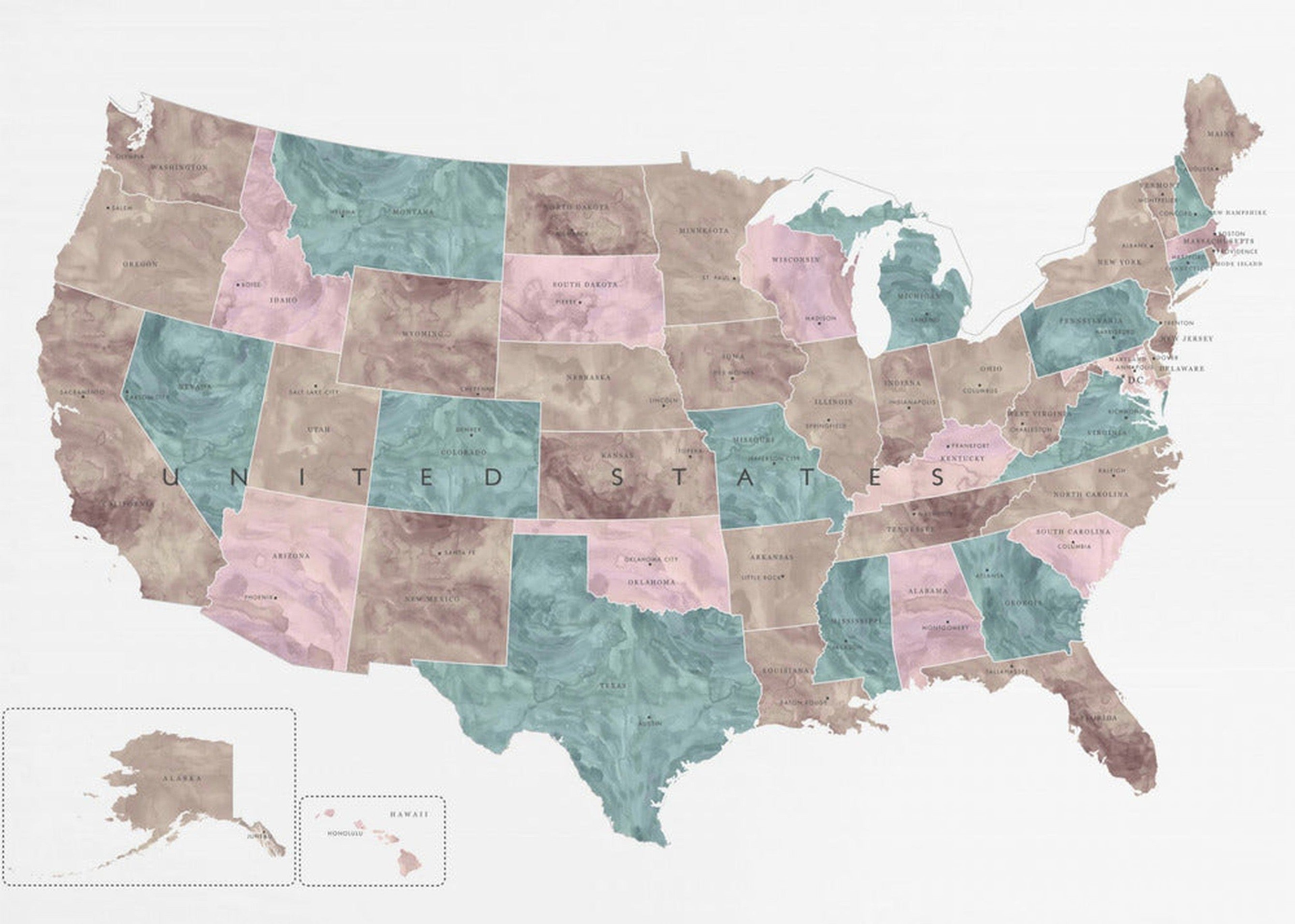 Pink and teal watercolor map of the US