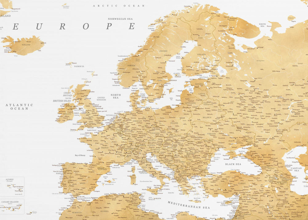 Gullfarget detaljert kart over Europa