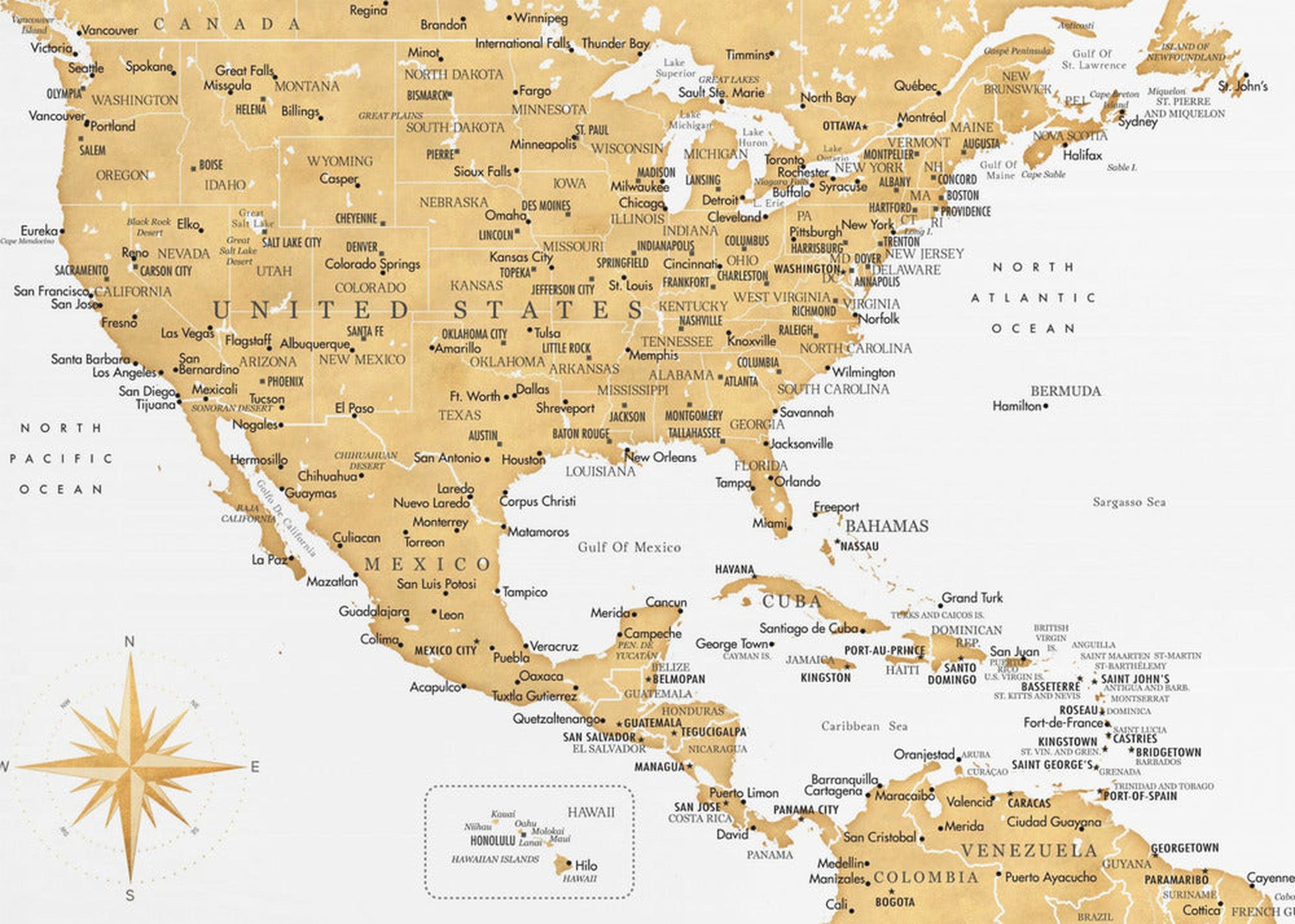 Golden map of USA and Mexico