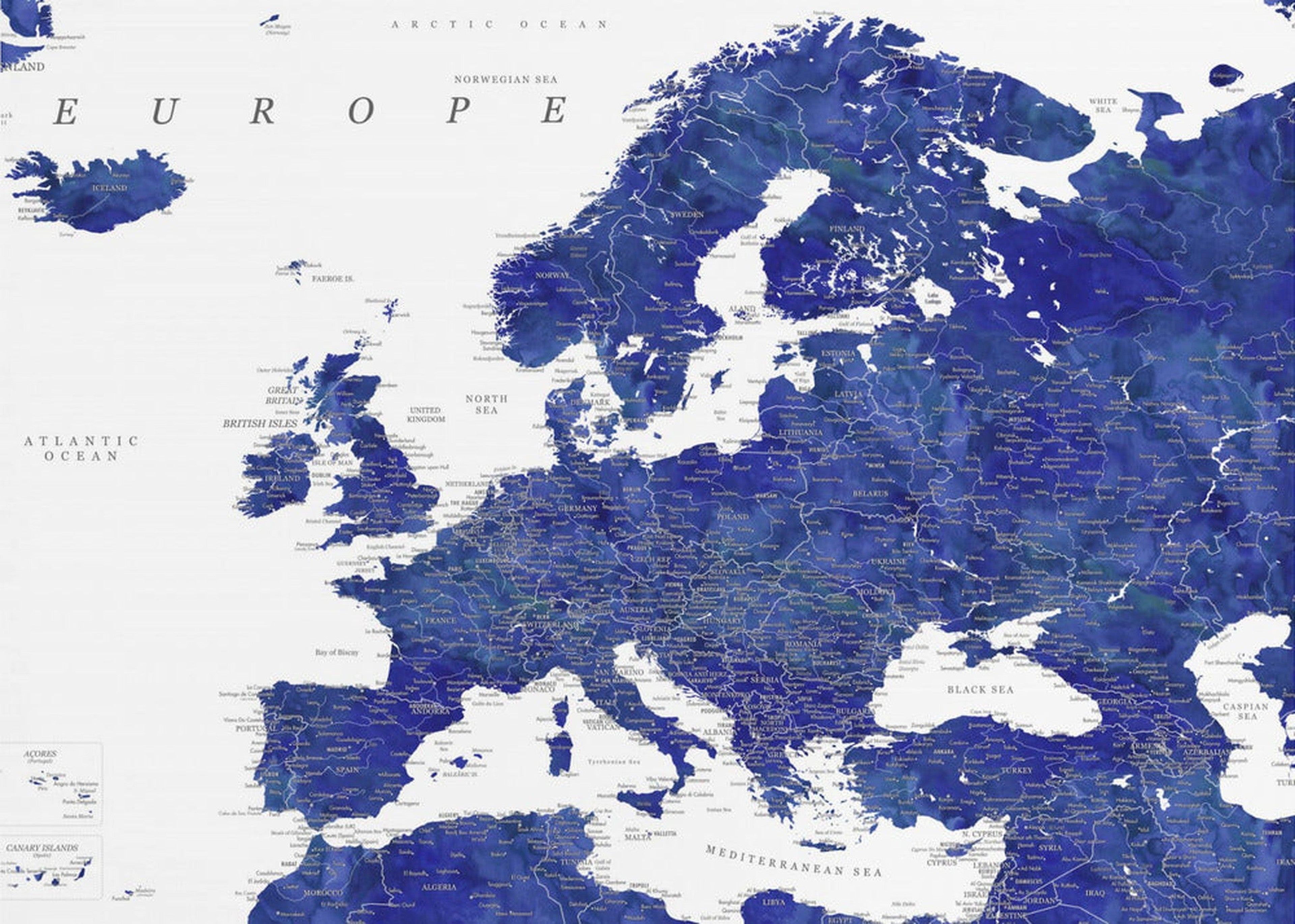 Navy blue detailed map of Europe