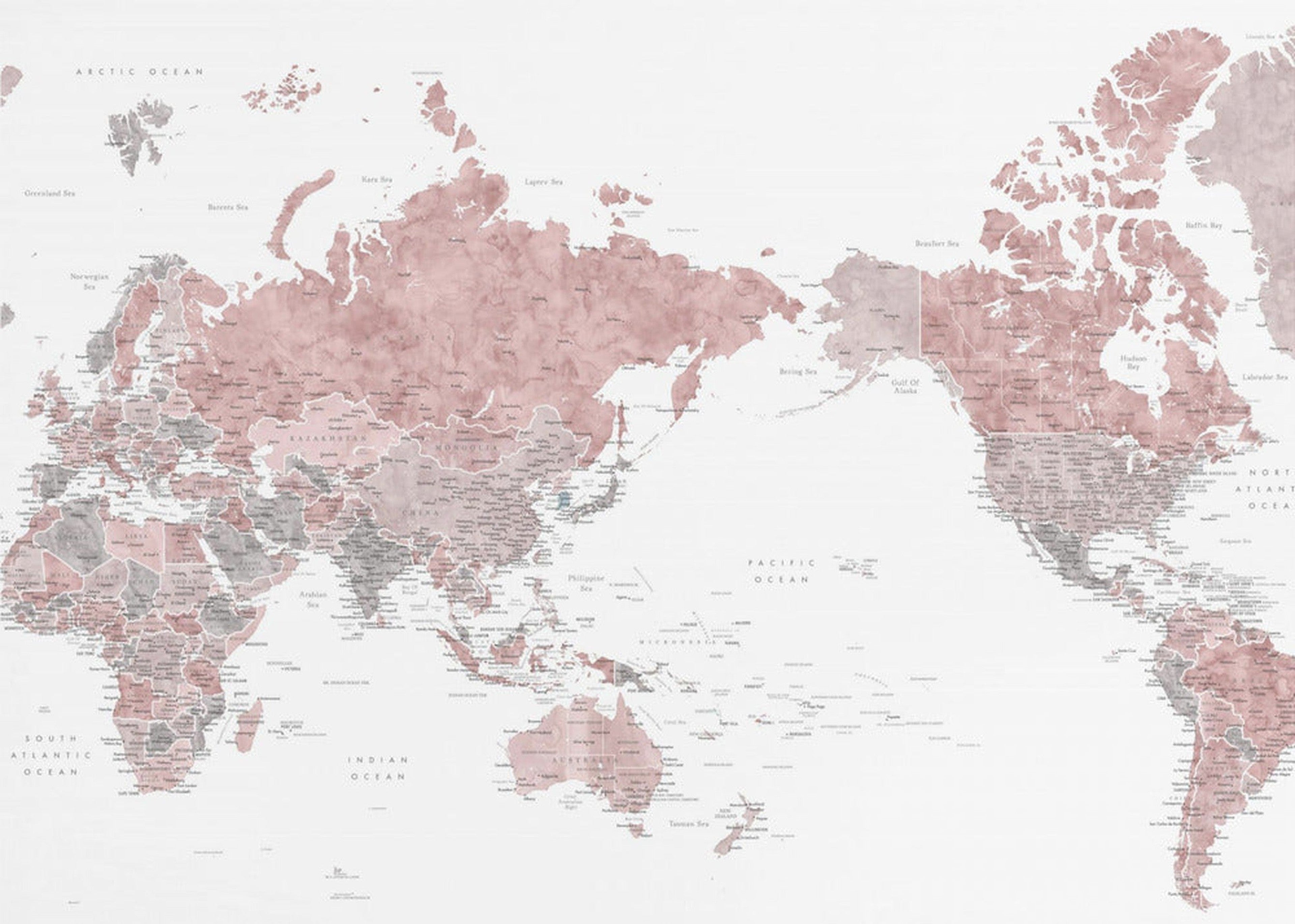 Pacific centered world map in dusty pink