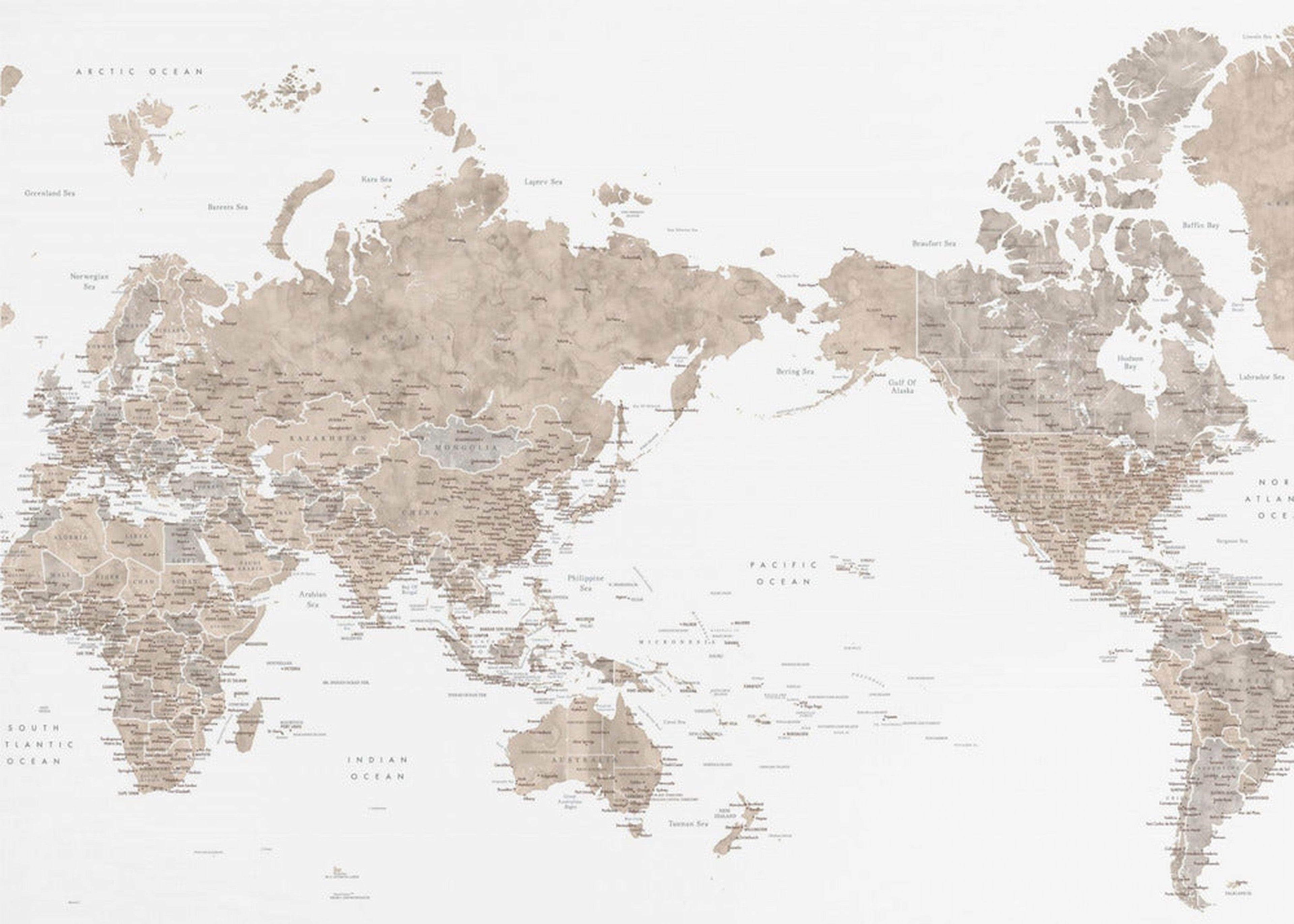 Pacific centered world map in taupe