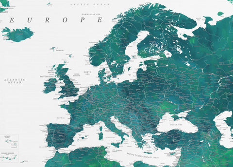 Teal detailed map of Europe