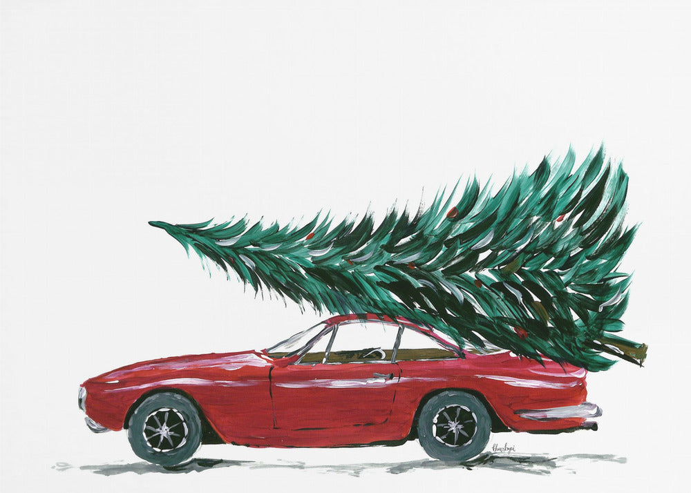 Eighties car carrying a Christmas tree