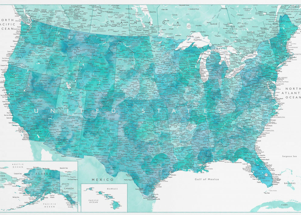 Highly detailed map of the United States, Caribbean waters