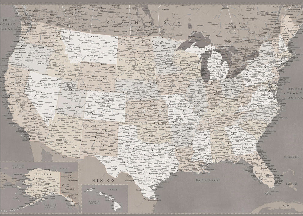 Highly detailed map of the United States, dark taupe