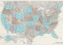 Kartor Highly detailed map of the United States Romy - vattenfärgskarta över USA – kvalitetsprodukt för ett vackrare och m...
