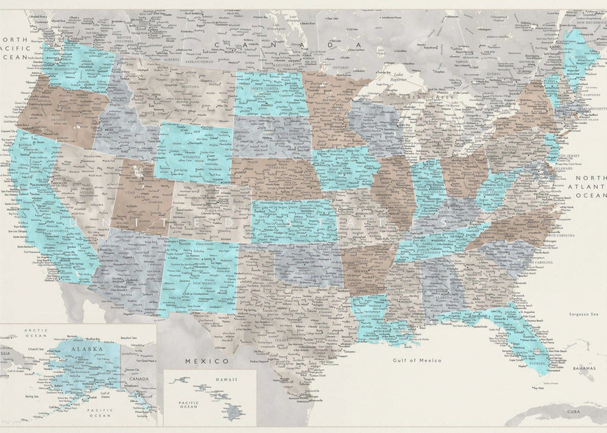 Highly detailed map of the United States, Romy - vattenfärgskarta över USA