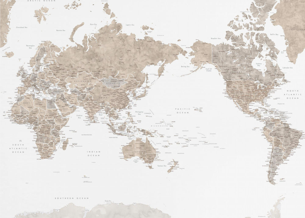 Pacific-centered world map with cities, Abey