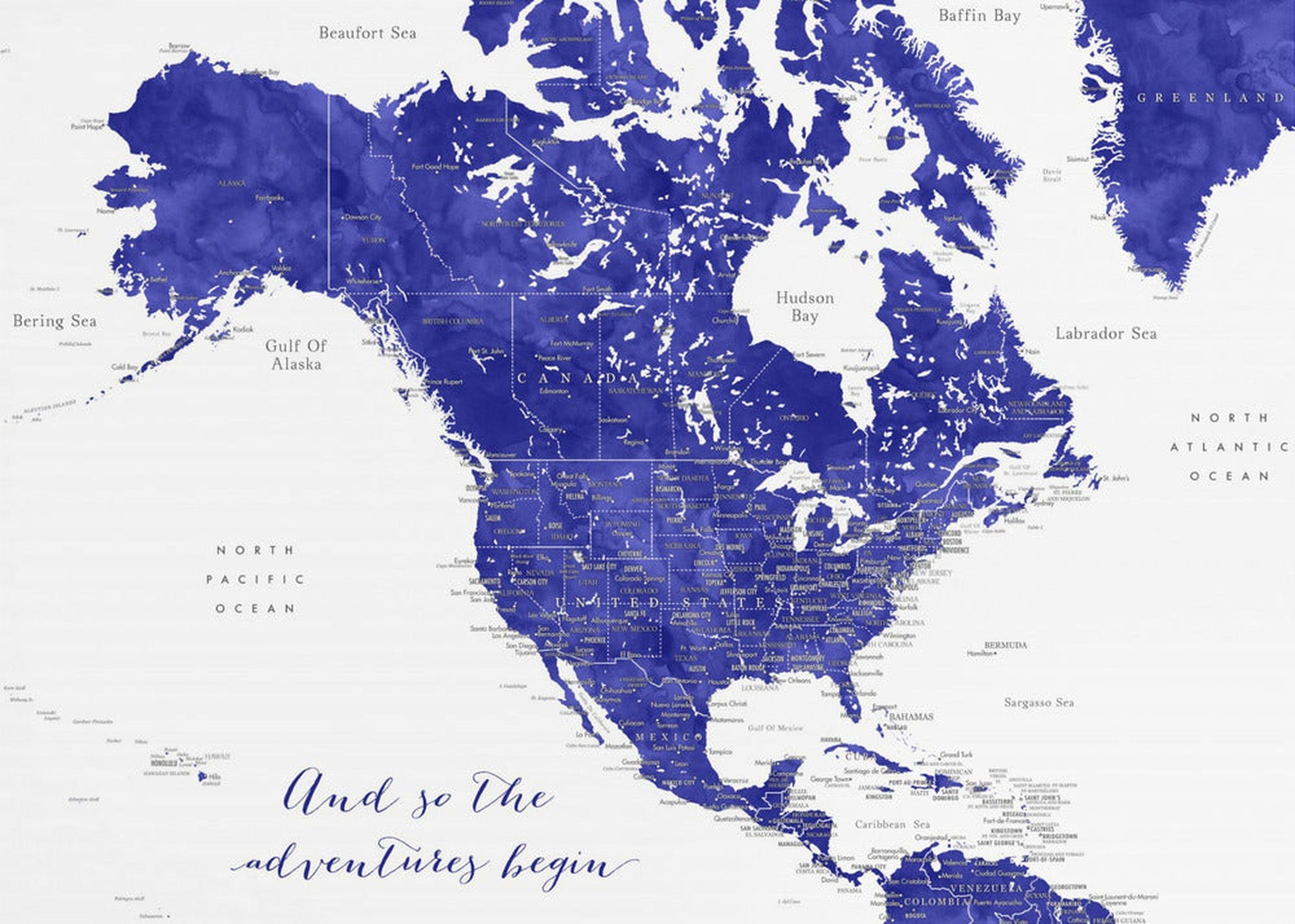 Adventure map of North America in cobalt blue