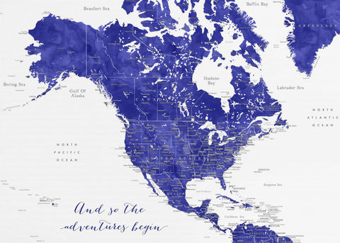 Adventure map of North America in cobalt blue