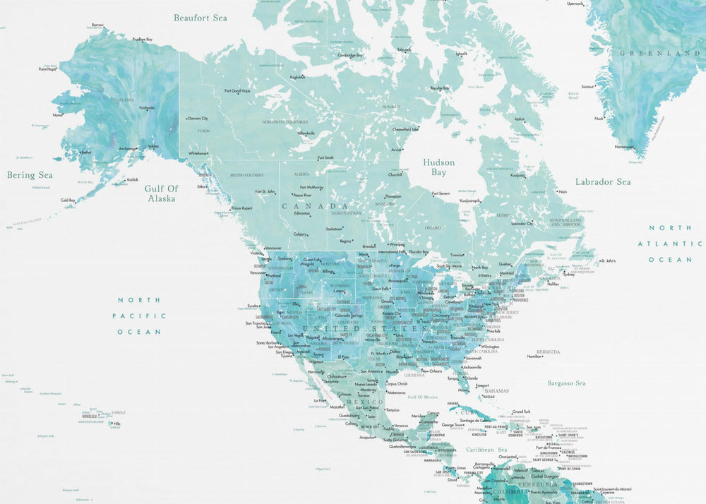 Map of North America in aquamarine watercolor