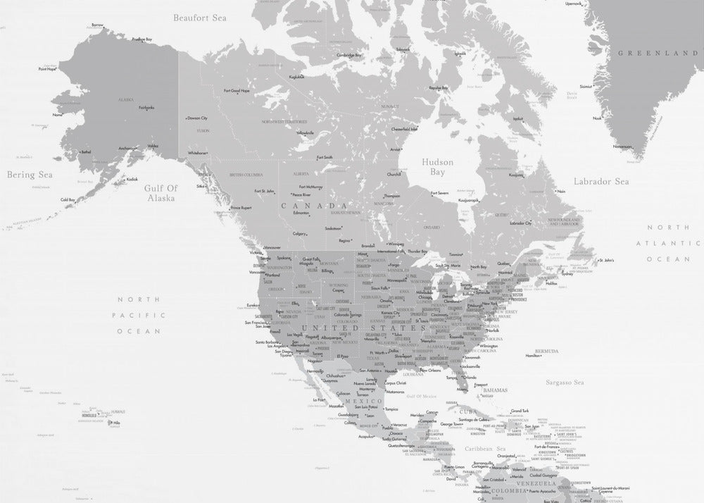 Gray map of North America with cities