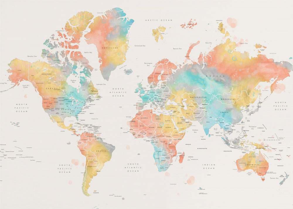 Watercolor world map with countries, Fifi