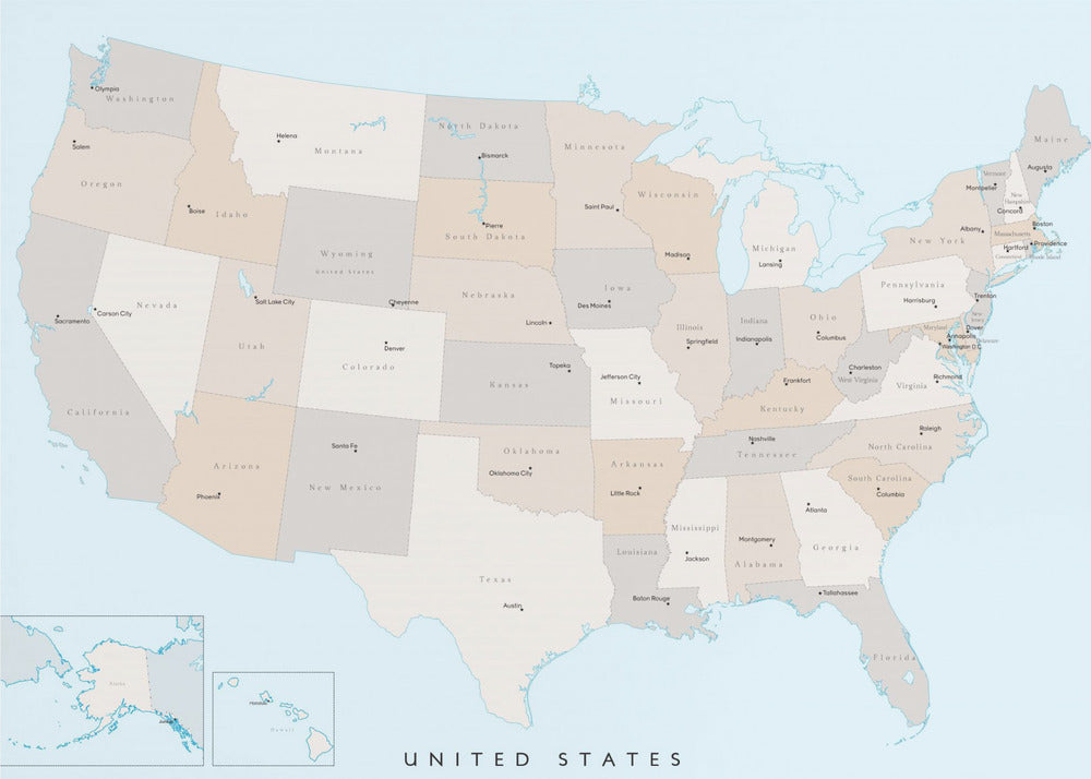 Isolated map of the United States with States and State capitals