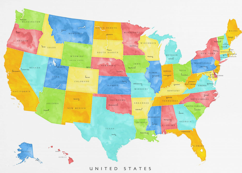 Colorful map of the United States with States and State capitals