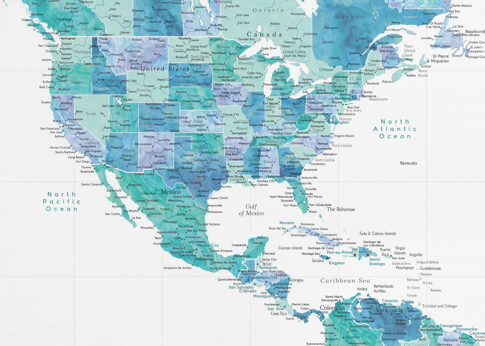 Aqua map of the United States and the Caribbean sea