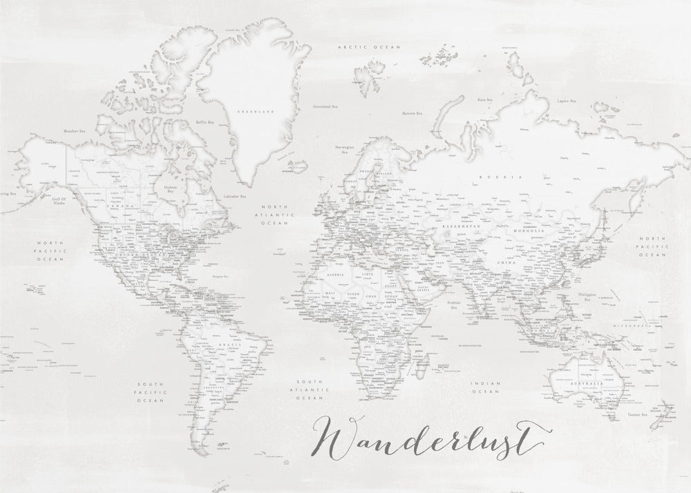 Wanderlust, detailed world map with cities, Maeli white