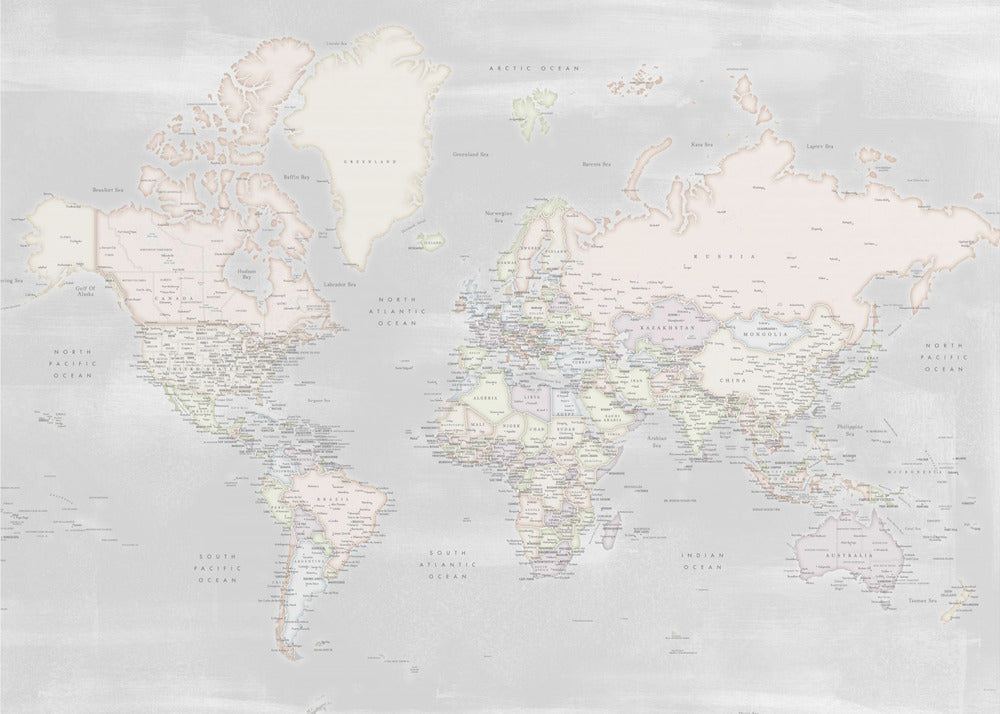 Detailed world map with cities, Maeli pastels