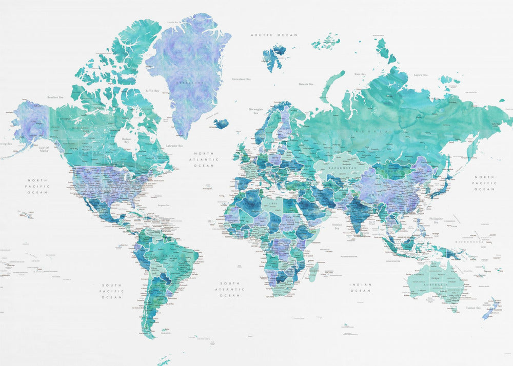 Detailed world map with cities, Caribbean waters