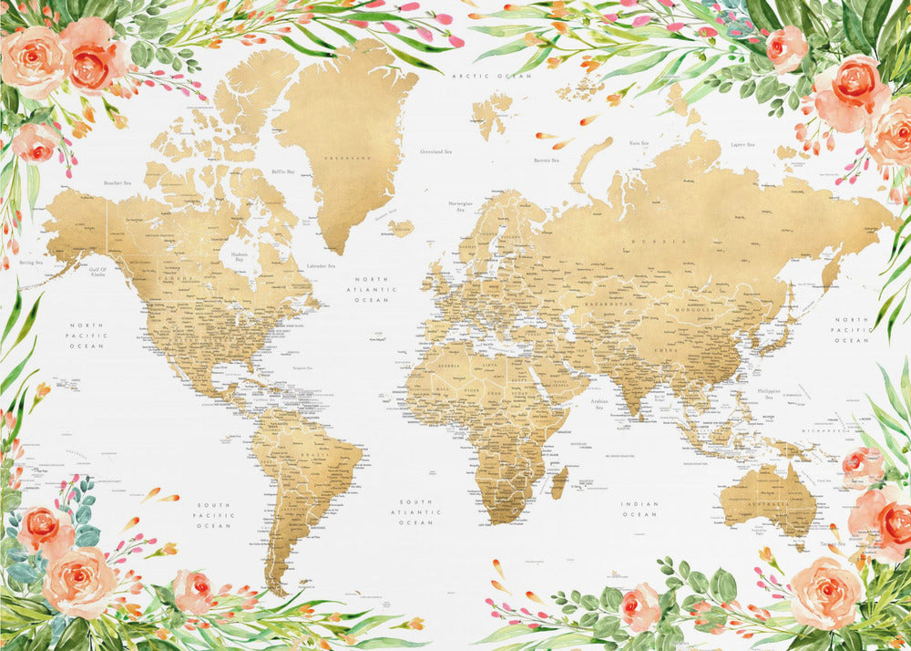 Floral bohemian world map with cities, Blythe