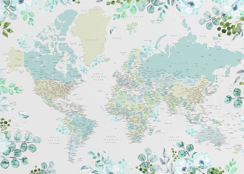 Detailed world map with cities and florals, Marie