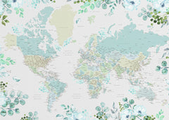 Kartor Detailed world map with cities and florals Marie – kvalitetsprodukt för ett vackrare och mer hållbart hem