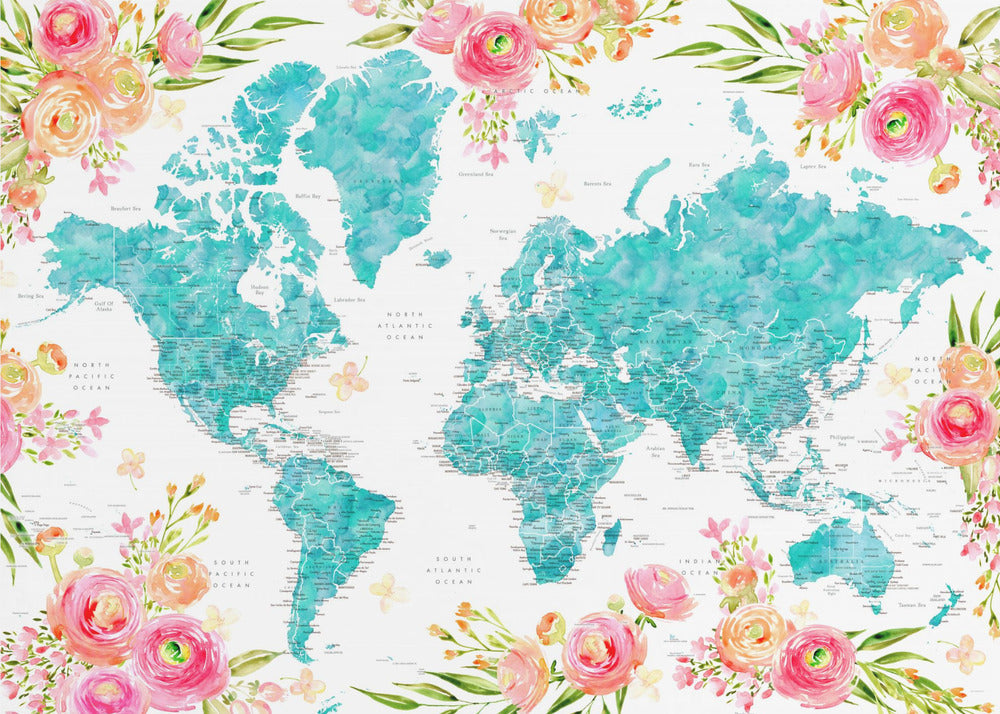 Detailed floral world map with cities, Haven