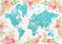 Floral Watercolor World Map