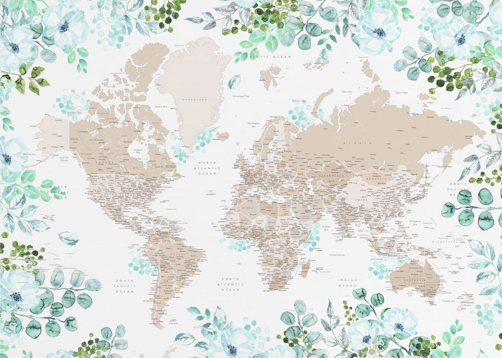 Detailed floral world map with cities, Leanne