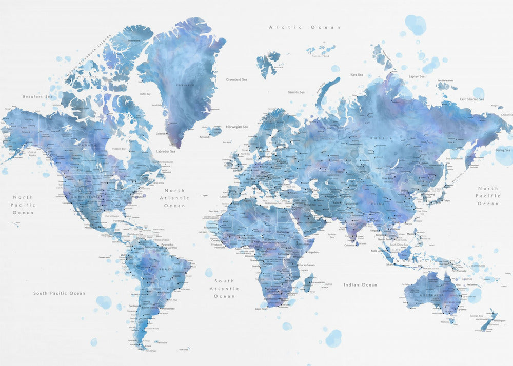 Blue watercolor world map with cities, Simeon