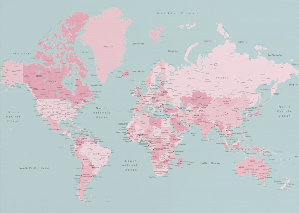 Pink and aqua world map with cities, Isobel