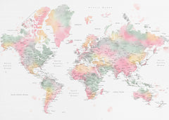 Kartor Pastel watercolor world map with cities Anjah – kvalitetsprodukt för ett vackrare och mer hållbart hem