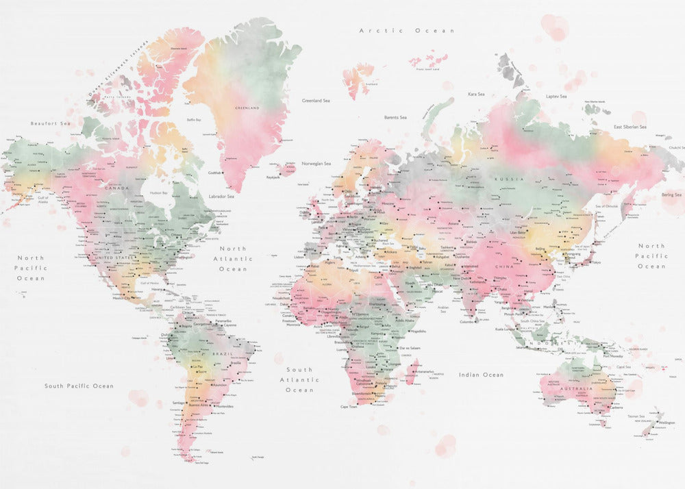Pastel watercolor world map with cities, Anjah