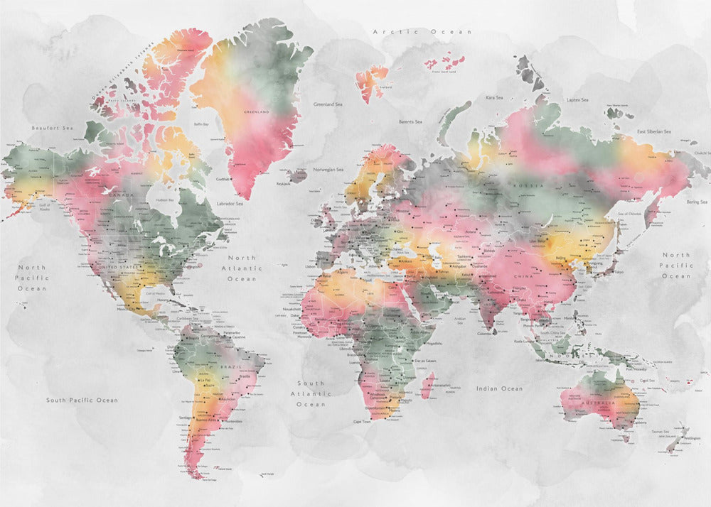 Watercolor world map with cities, Zadie
