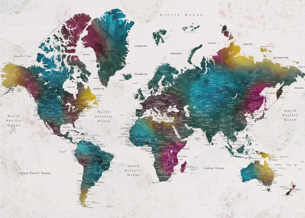 Watercolor world map with cities, Charleena