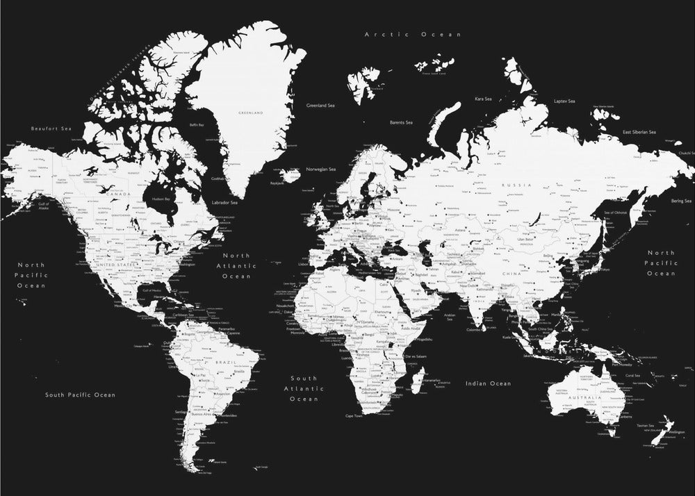 Black and white world map with cities, Connie