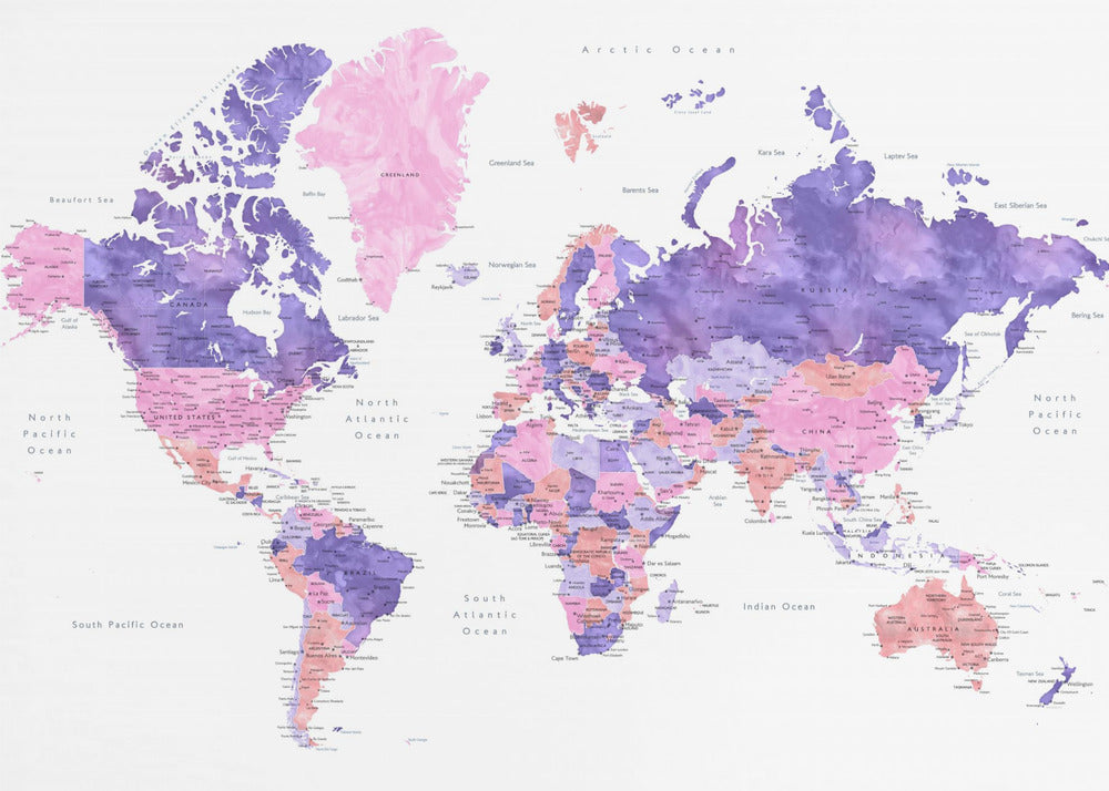 Watercolor world map with cities, Brandie