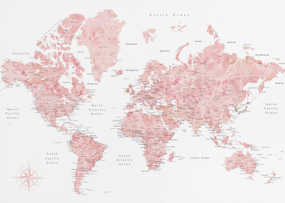 Pink watercolor world map with cities, Alheli