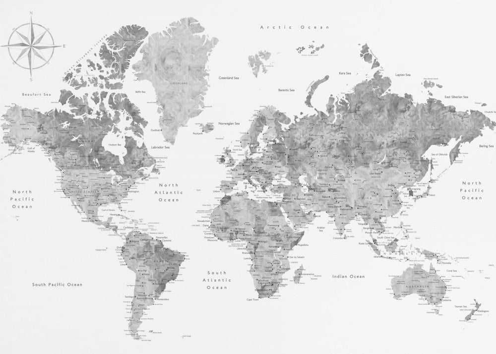 Grayscale watercolor world map with cities, Rylan