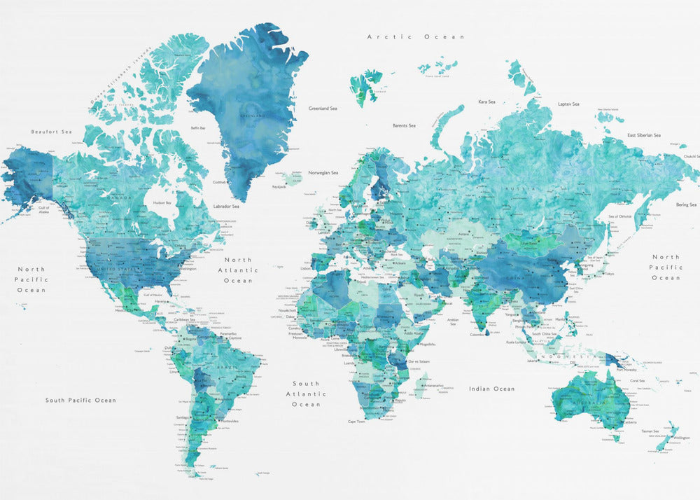 Watercolor world map with cities, Uzziel - Turkos upptäckarglädje