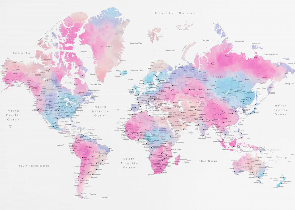 Watercolor world map with cities, Keahi- watercolor map of the world