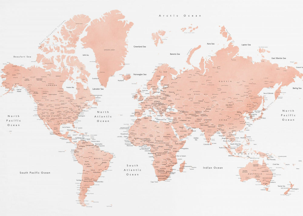 Rose gold world map with cities, Hadi