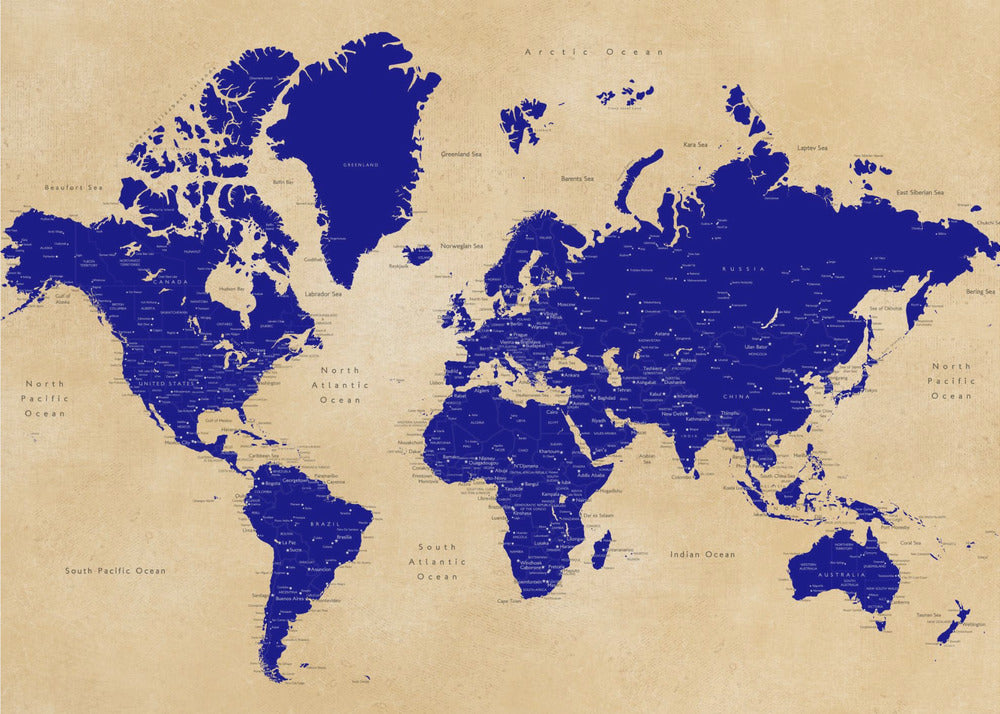 Rustic world map with cities, Korinne