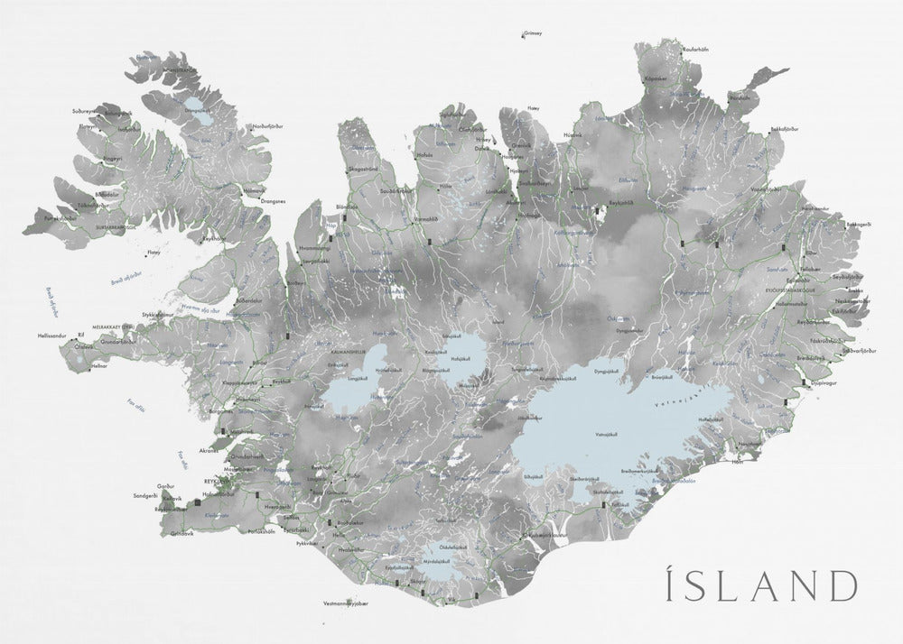 Island - Iceland map in gray watercolor with native labels