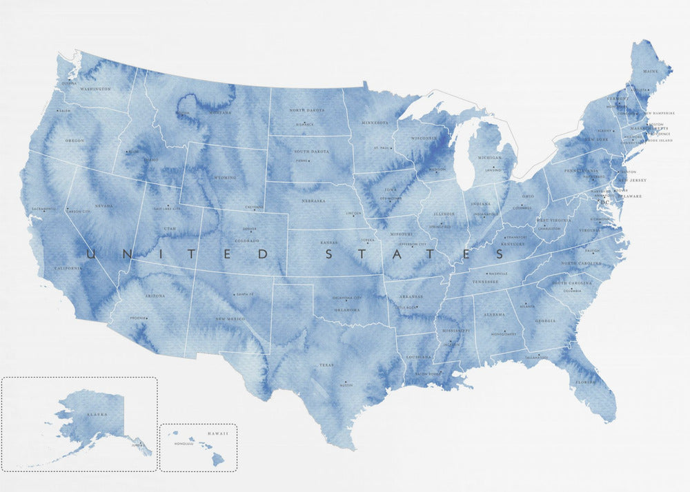 Blue watercolor map of the USA with states and state capitals