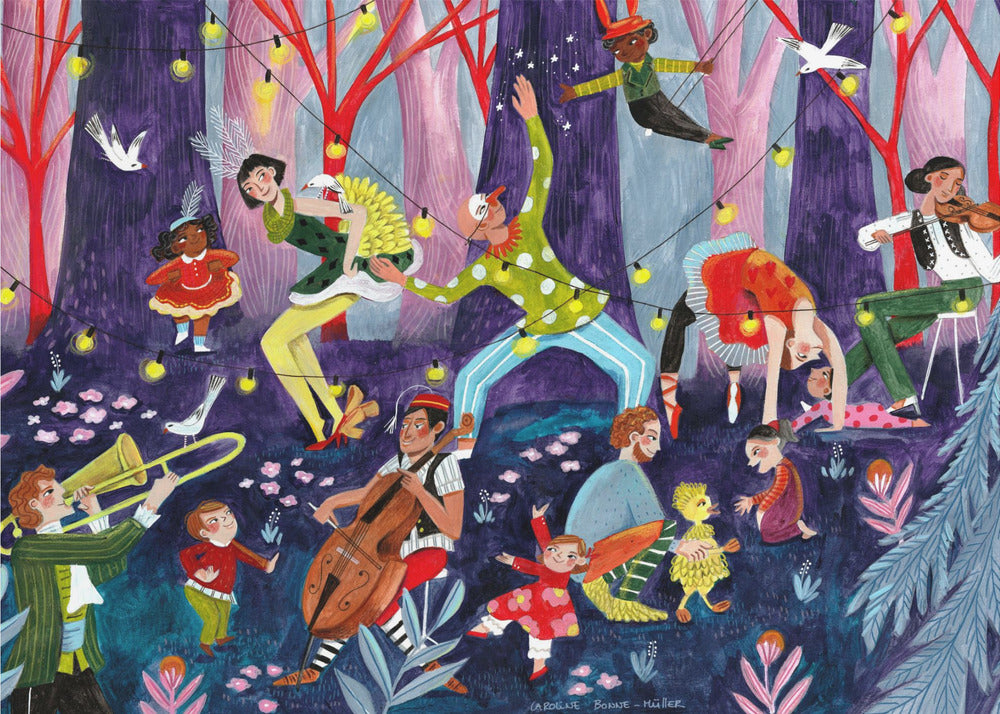 Circus performers and children in the forest